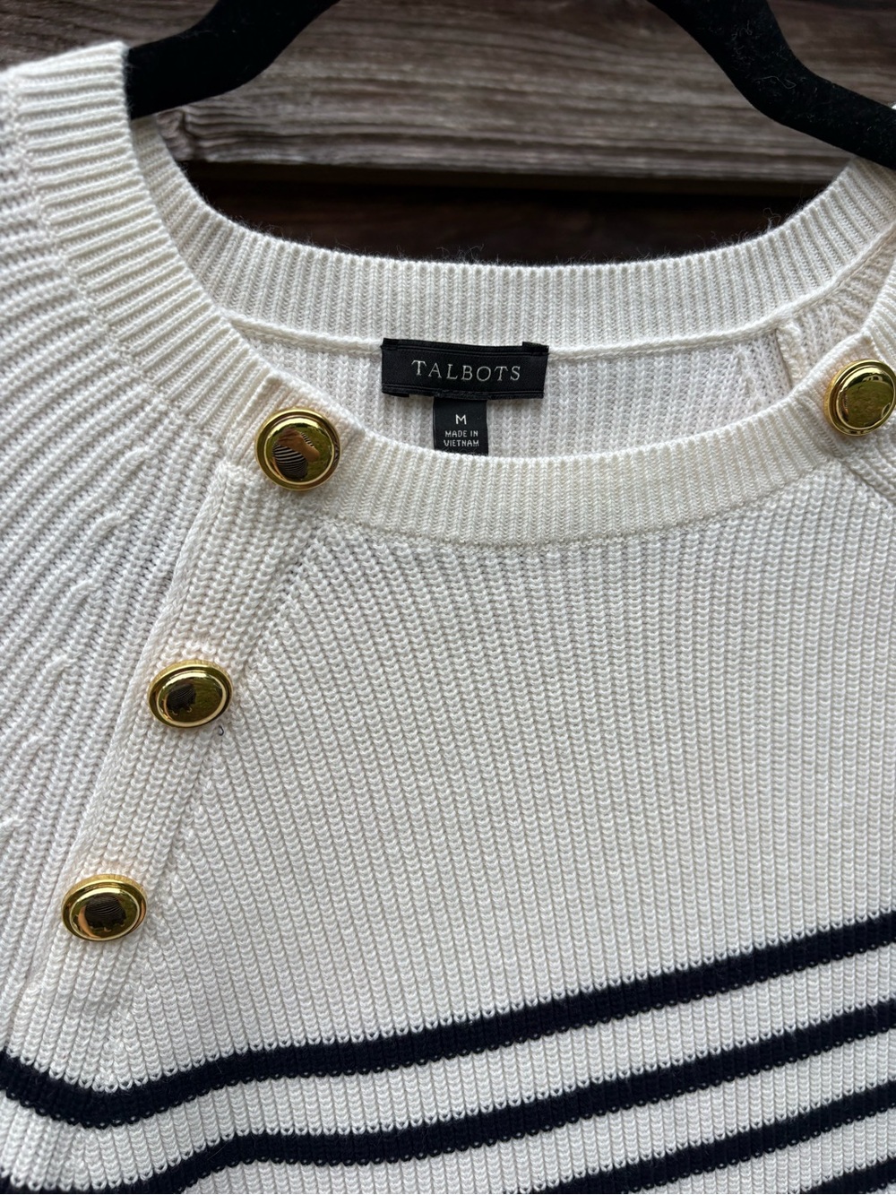 Talbots Cream and Navy Striped Crewneck Sweater with Gold Shoulder Buttons - Picture 3 of 3